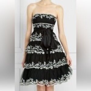 BCBG Maxazaria strapless tiered dress in black and white.
